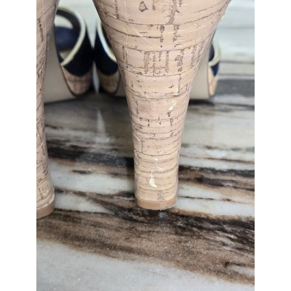 Newport News Denim Cork Platform Peep Toe Heels Dark Wash Gold‎ 10